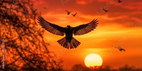 Silhouette of bird flying on sunset orange sky background. Generative AI