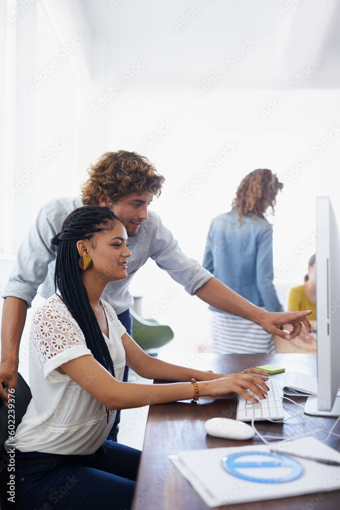 Fototapeta premium Computer, pointing or manager coaching a woman in startup or research project in digital agency. Leadership, mentorship or person helping, training or speaking of online networking to female employee