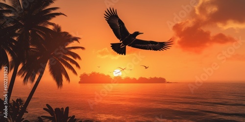 Silhouette of bird on tropical beach and sea sunset background. Generative AI