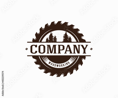 Woodworking logo with saw blade and tree line icon