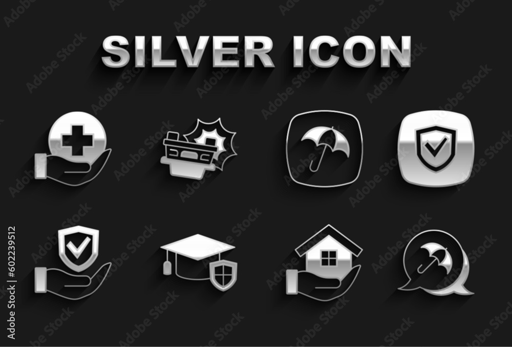 Set Graduation cap with shield, Shield, Umbrella, House in hand, Life insurance and Car accident icon. Vector Set Graduation cap with shield, Shield, Umbrella, House in hand, Life insurance and Car accident icon. Vector