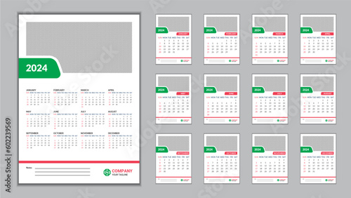 2024 Wall Calendar Design Template 11.69 in x 16.54 in with 0.25 in Bleed