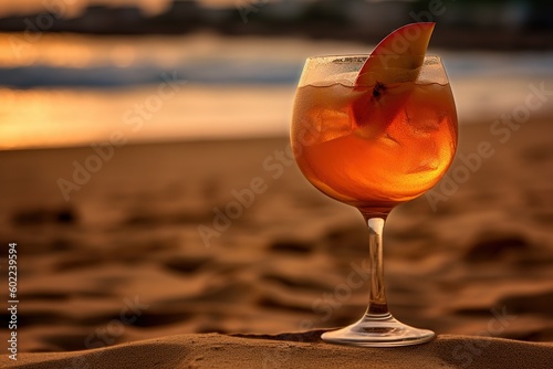 Refreshing red cocktail by the sea. Apple. Summer, beach and recreation. photo