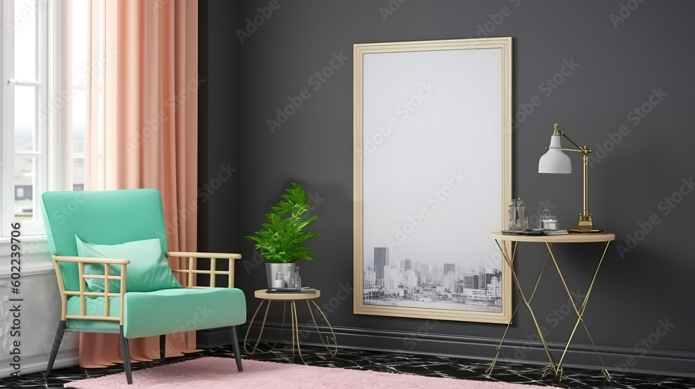 Mock up poster frame in decorated hipster interior background. Generative Ai Mock up poster frame in decorated hipster interior background. Generative Ai