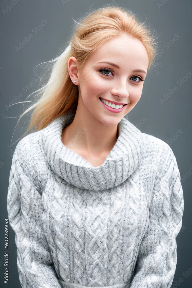 Beauty ginger woman in a white sweater on a gray background. Generative AI