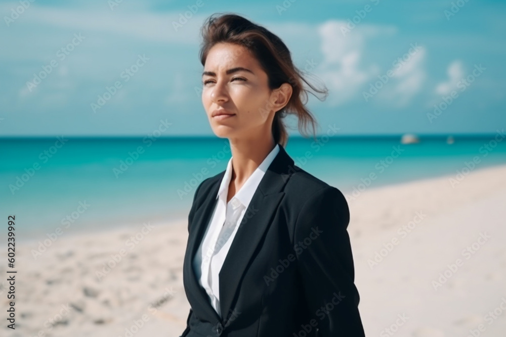 Business woman on the beach. Created with generative Ai technology. Business woman on the beach. Created with generative Ai technology.