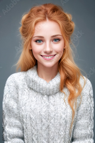 Beauty ginger woman in a white sweater on a gray background. Generative AI © Anatoly Tiplyashin
