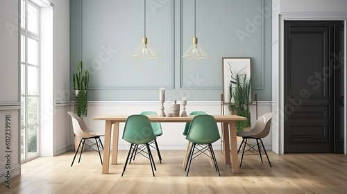 Mock up poster frame, dining room , Scandinavian style, 3D render, Bright color. Generative Ai