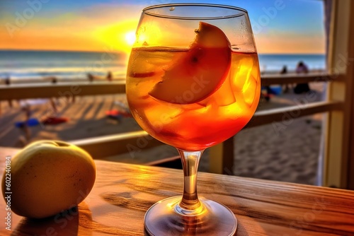 Refreshing red cocktail by the sea. Apple. Summer, beach and recreation. photo