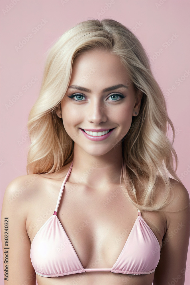 Beauty young blonde woman in bikini on pink background. Generative AI Beauty young blonde woman in bikini on pink background. Generative AI