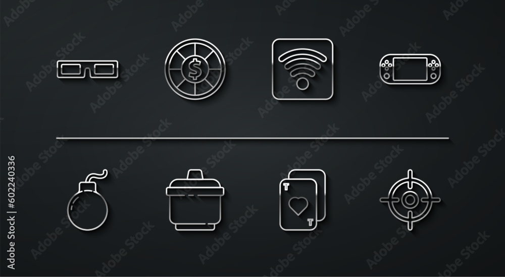 Set line Cinema glasses, Bomb ready to explode, Portable video game console, Playing cards, Cooking pot, Casino chips, Target sport and Wi-Fi wireless internet network icon. Vector Set line Cinema glasses, Bomb ready to explode, Portable video game console, Playing cards, Cooking pot, Casino chips, Target sport and Wi-Fi wireless internet network icon. Vector