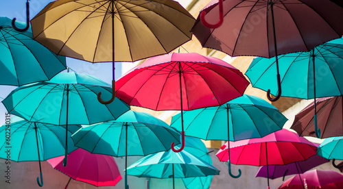Photography colored umbrellas to shelter from the rain and the sun