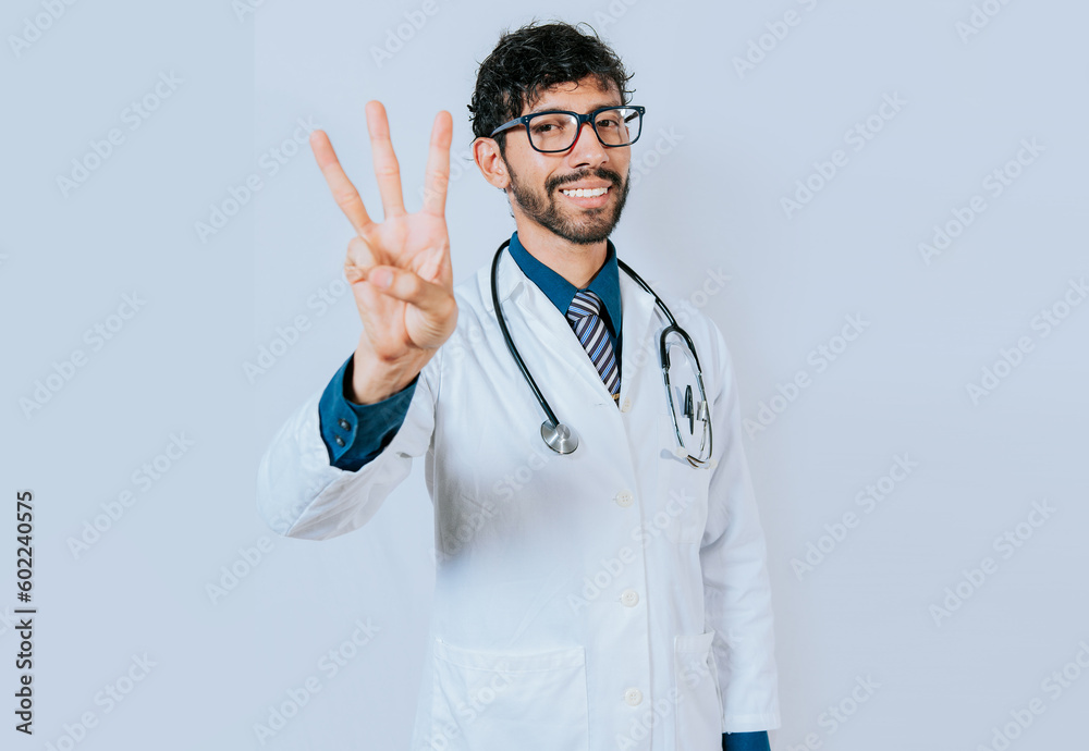 Doctor counting number three isolated. Handsome doctor counting number 3 on isolated background. Doctor counting number three isolated. Handsome doctor counting number 3 on isolated background.