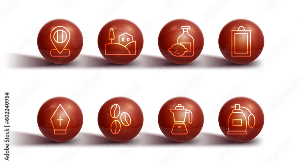 Set line Location flag Italy, Pope hat, Picture, Coffee moca pot, beans, Village landscape, Perfume and Limoncello bottle icon. Vector Set line Location flag Italy, Pope hat, Picture, Coffee moca pot, beans, Village landscape, Perfume and Limoncello bottle icon. Vector