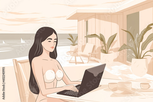 A digital artwork of an anime-style girl working diligently on her laptop in a cozy and comfortable workspace. generative AI.