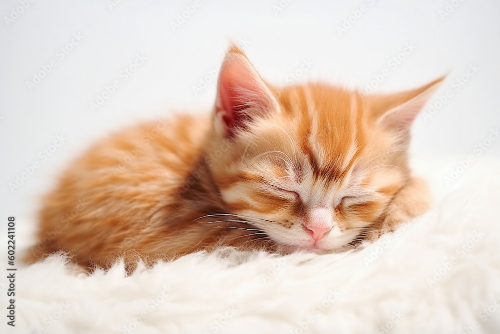 AI generative. Cute  red kitten sleeps on  white blanket