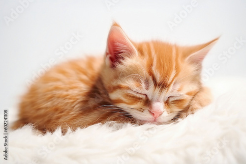 AI generative. Cute red kitten sleeps on white blanket