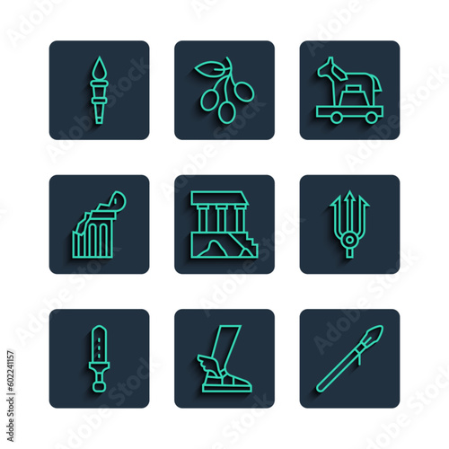 Set line Medieval sword, Hermes sandal, spear, Trojan horse, Parthenon, Broken ancient column, Torch flame and Neptune Trident icon. Vector