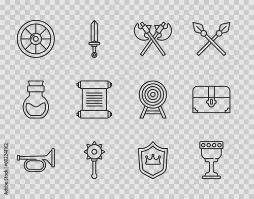 Set line Trumpet, Medieval goblet, Crossed medieval axes, chained mace ball, Round wooden shield, Decree, parchment, scroll, Shield with crown and Antique treasure chest icon. Vector