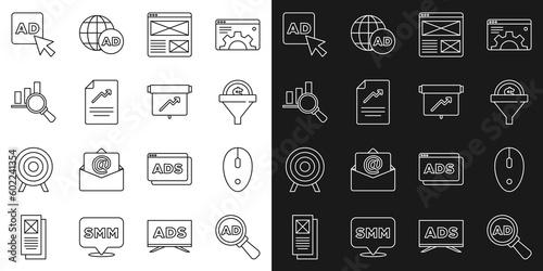 Set line Advertising, Computer mouse, Lead management, Browser window, Document with graph chart, Magnifying glass and analysis, and Board icon. Vector