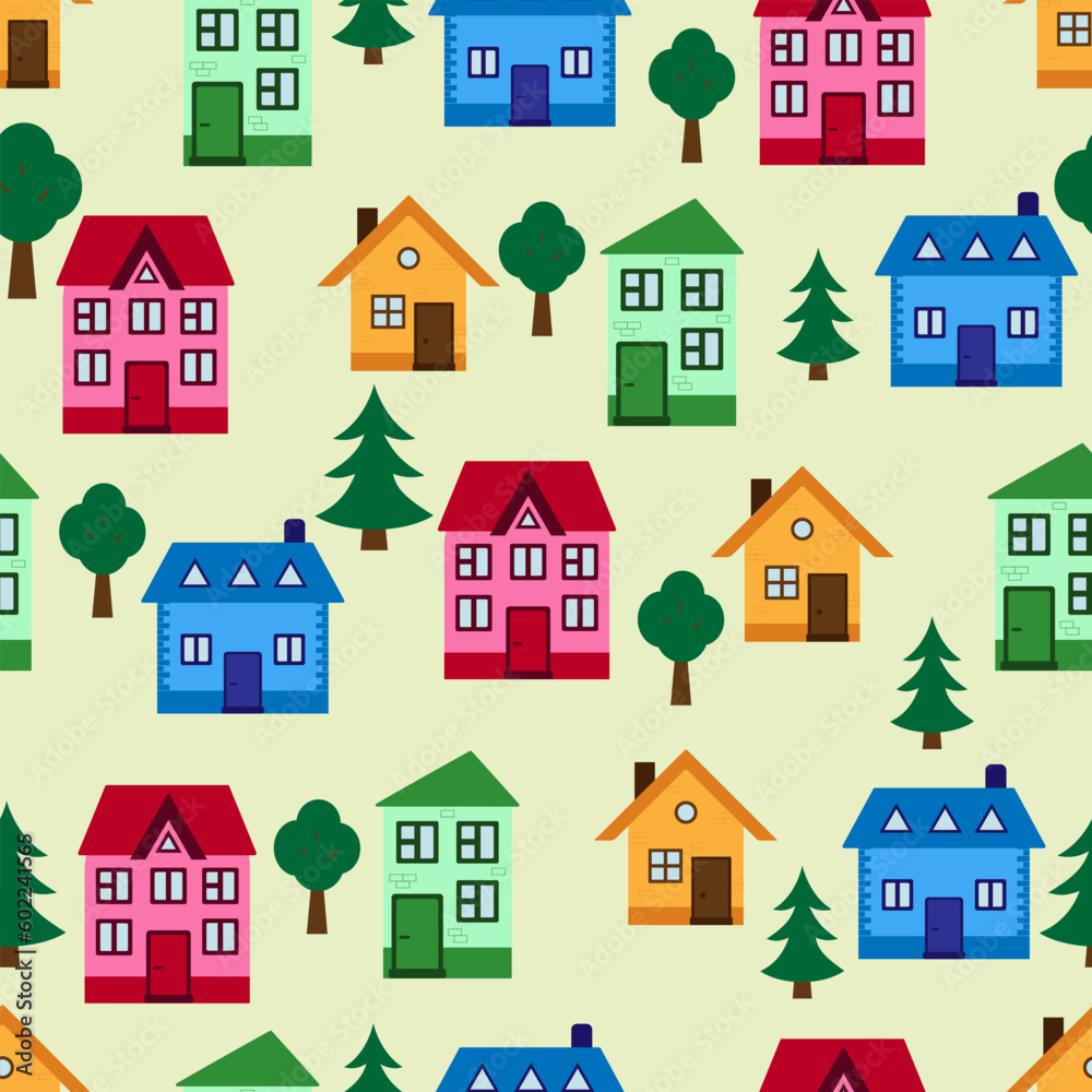 Vector seamless pattern. Colorful houses with trees. Children's design.