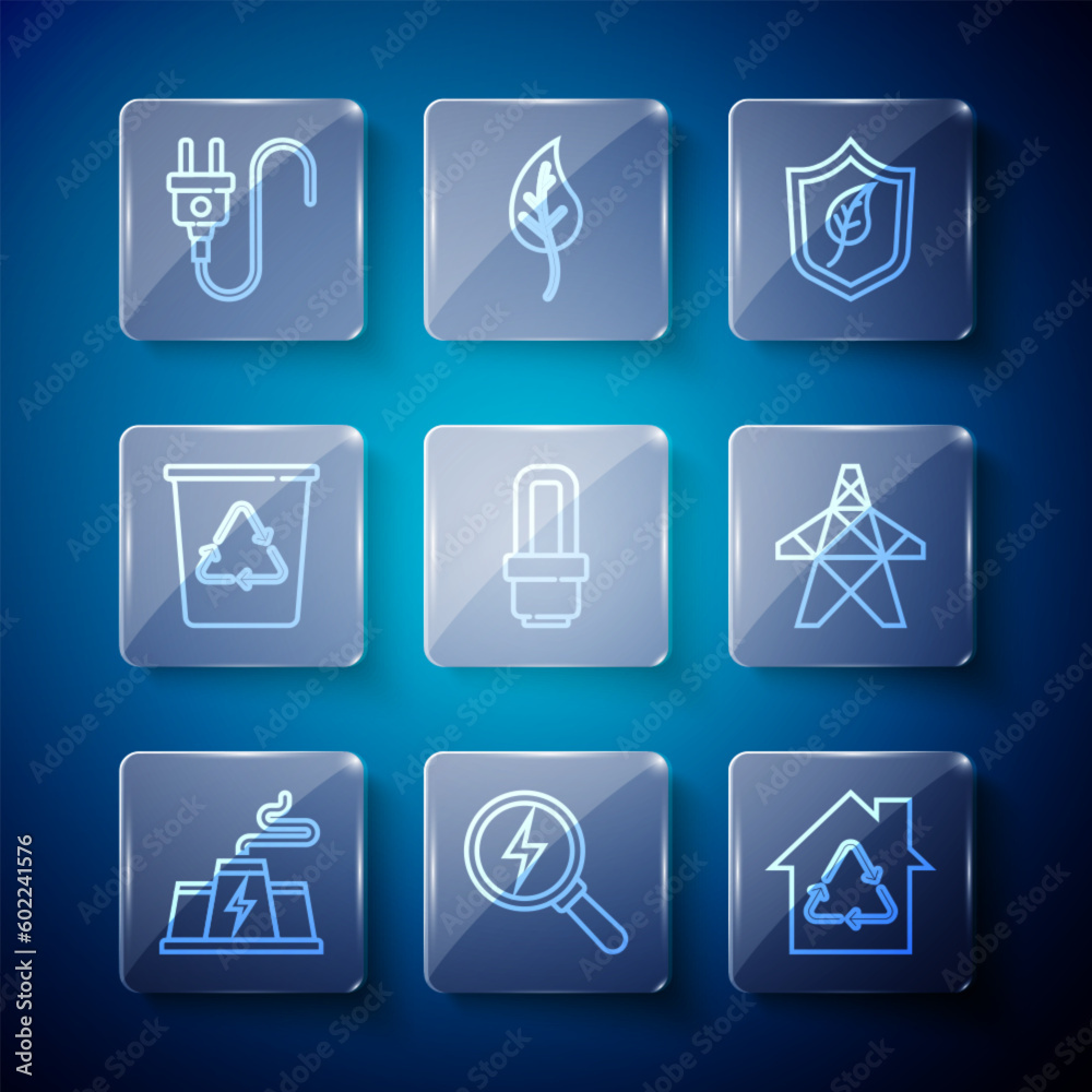 Set line Power station plant factory, Lightning bolt, Eco House with recycling, Shield leaf, LED light bulb, Recycle bin recycle, Electric plug and tower icon. Vector Set line Power station plant factory, Lightning bolt, Eco House with recycling, Shield leaf, LED light bulb, Recycle bin recycle, Electric plug and tower icon. Vector