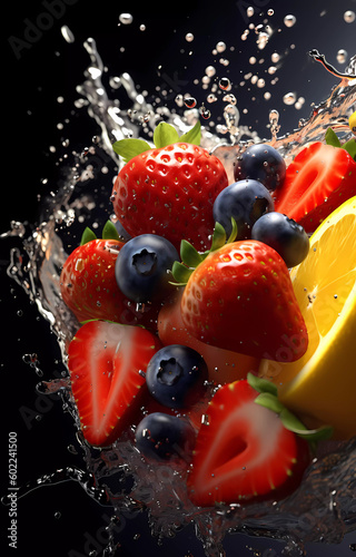 Fresh fruits in transparent water splashes  front view.