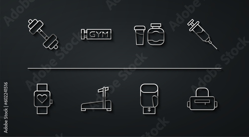 Set line Dumbbell, Smart watch, Doping syringe, Boxing glove, Treadmill machine, Location gym, Sport bag and Sports nutrition icon. Vector