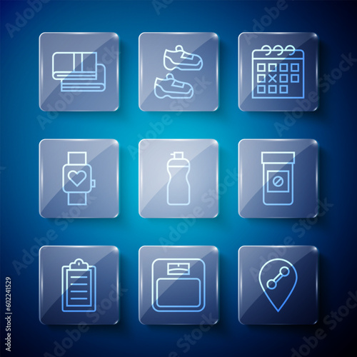Set line Sport training program, Bathroom scales, Location gym, Calendar fitness, Fitness shaker, Smart watch, Towel stack and Anabolic drugs icon. Vector