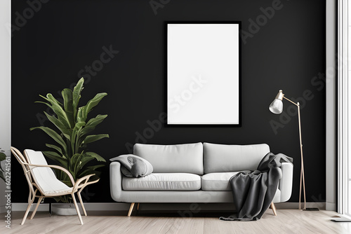 Modern living room with sofa white wall frame on black wall mockup. Generative AI