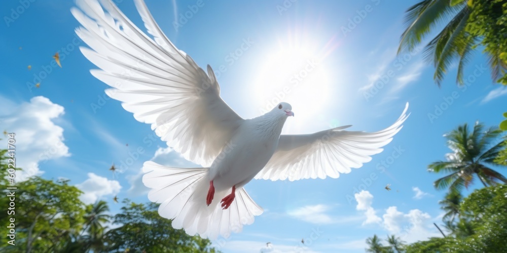 Obraz premium White Dove Flying on Blue Sky Background, Bird of Peace Symbol, International Peace Day. Generative Ai