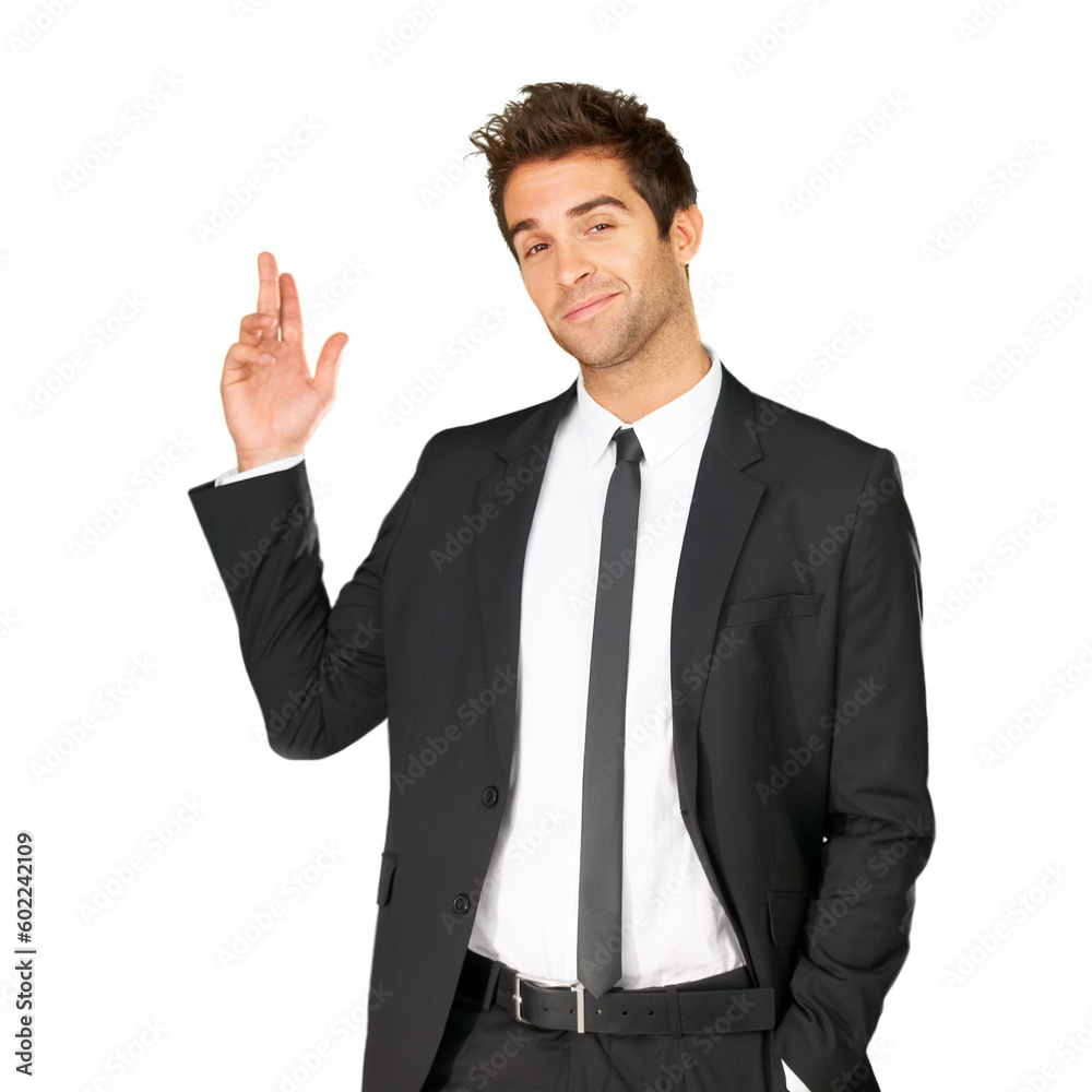 Happy, business man and portrait with hand for fashion, advertising and professional style. Corporate and confident male model show mockup space presentation isolated on a white background in studio Happy, business man and portrait with hand for fashion, advertising and professional style. Corporate and confident male model show mockup space presentation isolated on a white background in studio