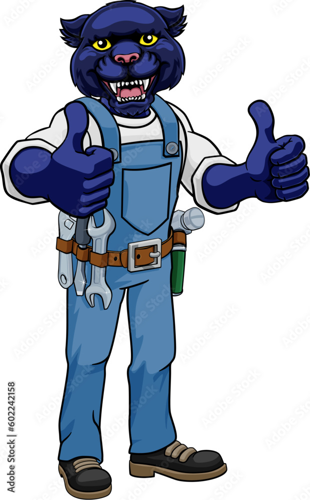 Obraz premium A panther animal construction cartoon mascot handyman or builder maintenance contractor giving a double thumbs up