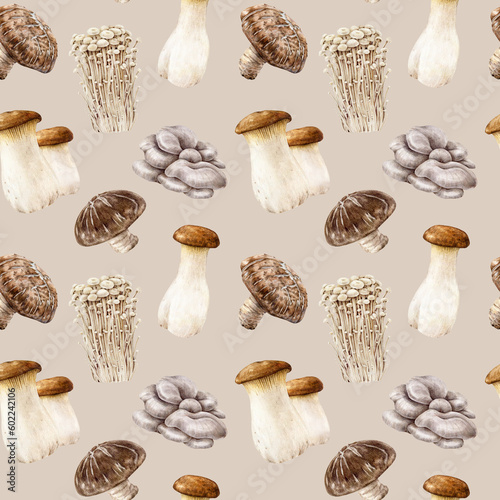 Edible mushroom seamless pattern. Watercolor hand painted illustration. Enoki, shiitake, king trumpet oyster mushroom fungi element in seamless pattern