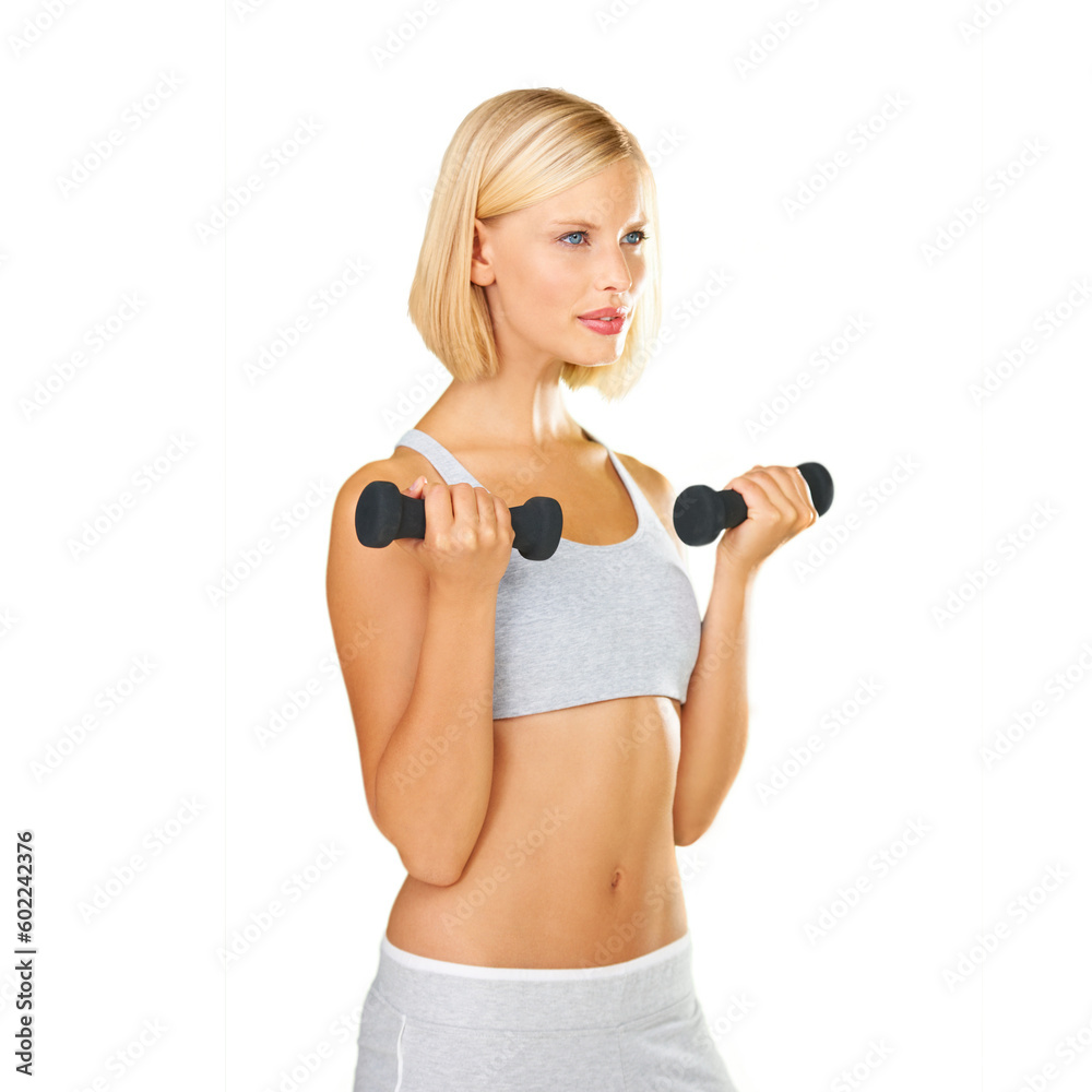 Woman, exercise and dumbbells in studio for a workout, training or fitness. Female, athlete or bodybuilder model isolated on a white background for weightlifting, weight loss and body wellness Woman, exercise and dumbbells in studio for a workout, training or fitness. Female, athlete or bodybuilder model isolated on a white background for weightlifting, weight loss and body wellness