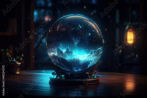 Magical crystal ball or fortune teller with blue mysterious glowing mountains inside on sparkling dark background, created with Generative AI