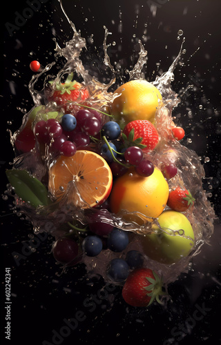 Fresh fruits in transparent water splashes, front view.