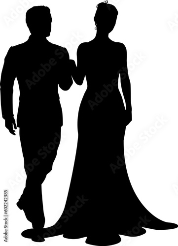 Bride and groom couple silhouettes. Woman in a bridal wedding dress