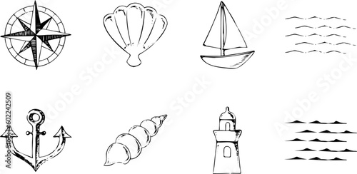 ペンで描いた海のイメージイラストセット