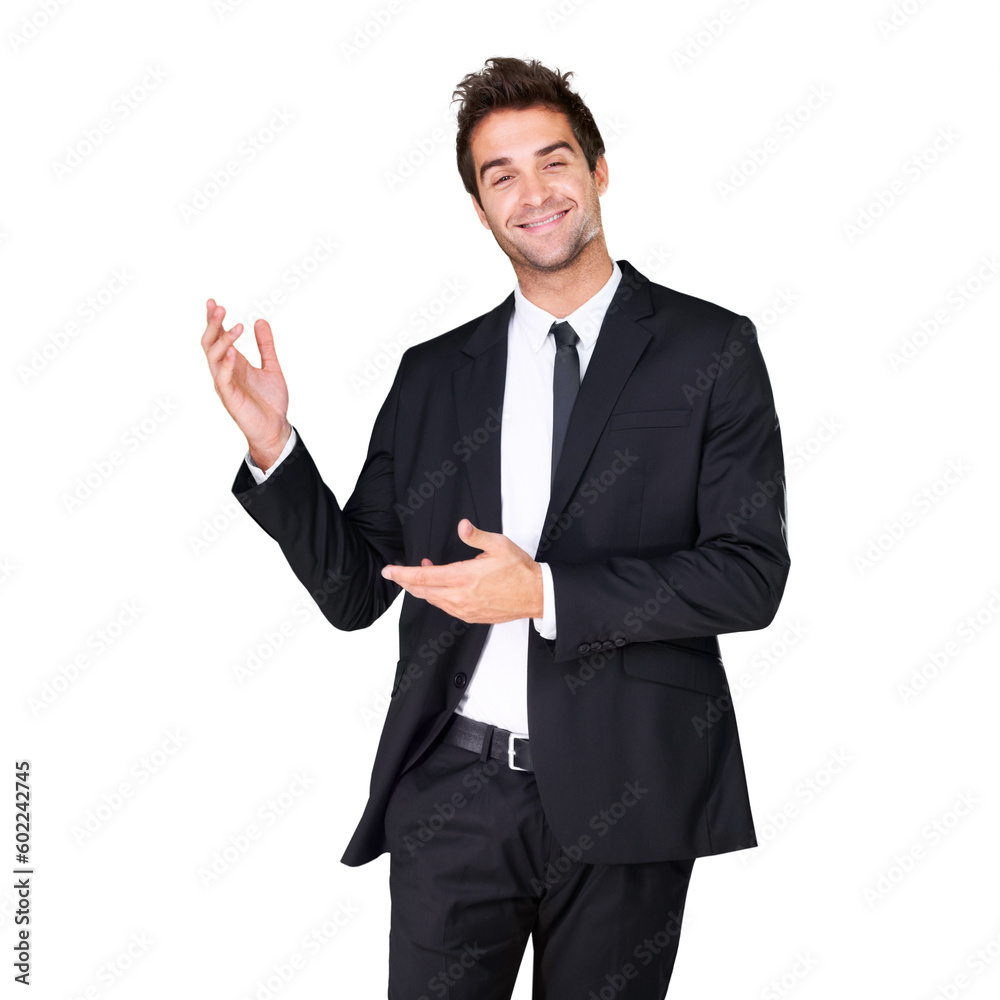 Business man, happy and portrait with hands for fashion, advertising and professional style. Corporate and confident male model show mockup space presentation isolated on a white background in studio Business man, happy and portrait with hands for fashion, advertising and professional style. Corporate and confident male model show mockup space presentation isolated on a white background in studio