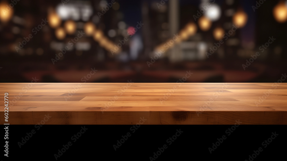 An empty wooden counter table top for product display in a pub or bar. An empty wooden counter table top for product display in a pub or bar.