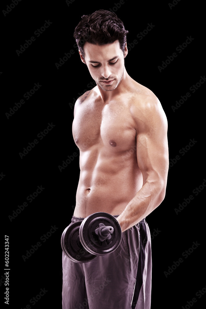 Bodybuilder, strong man and dumbbell workout on black background, studio and six pack fitness. Sexy male athlete, sports and exercise with weights for muscle training, results and power in challenge