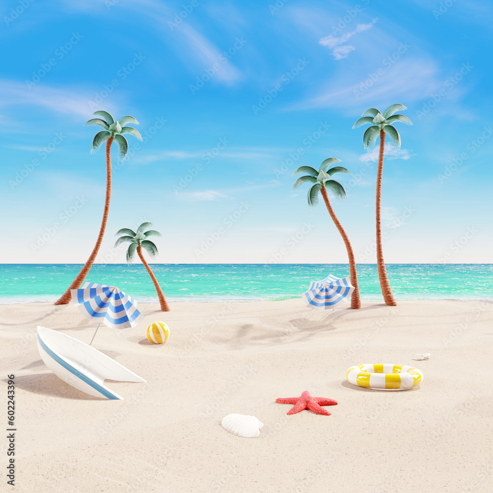 Summer beach vacation scene. 3d rendering