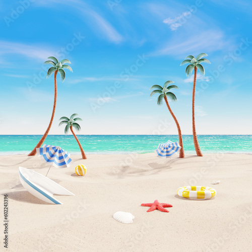 Fototapeta Naklejka Na Ścianę i Meble -  Summer beach vacation scene. 3d rendering