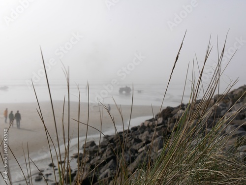 Tracteur et nettoyage de la plage de Sainte Cécile plage dans le brouillard, au bord de la Manche, département du Pas de Calais en France