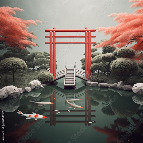 Japanese tori and river with koi 