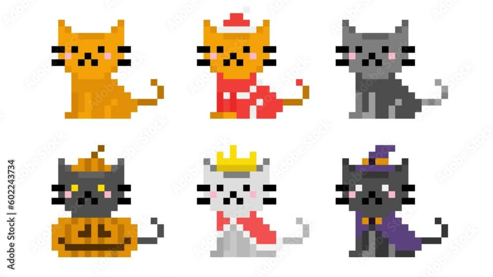 set of cat pixel animation on white background