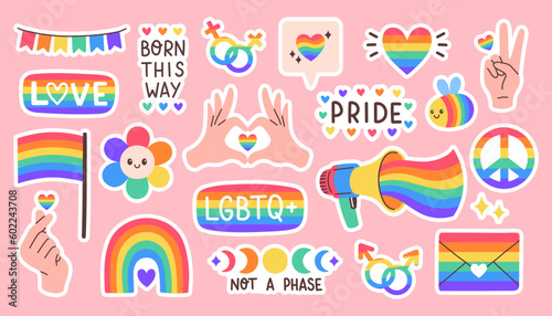 LGBT sticker pack on pink background. LGBTQ set. Symbol of the LGBT pride community. Rainbow elements. © spirka.art
