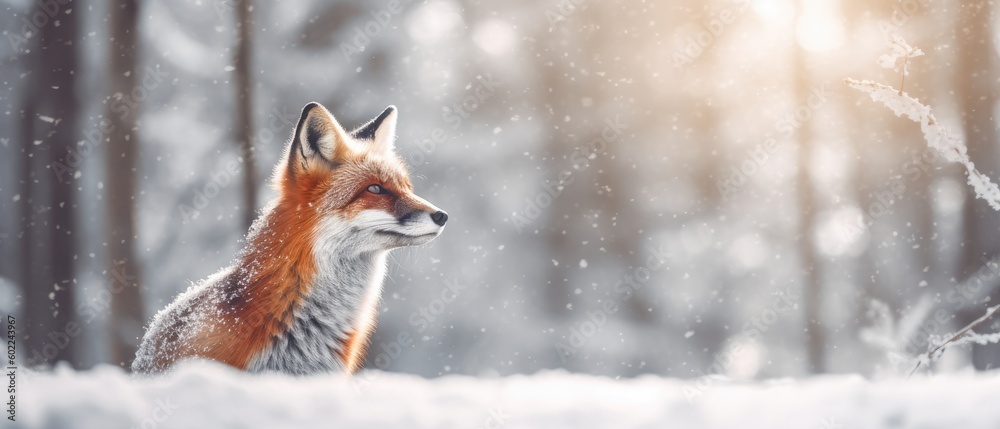 Enchanting photograph of red fox in snowy forest. Background with fox ...