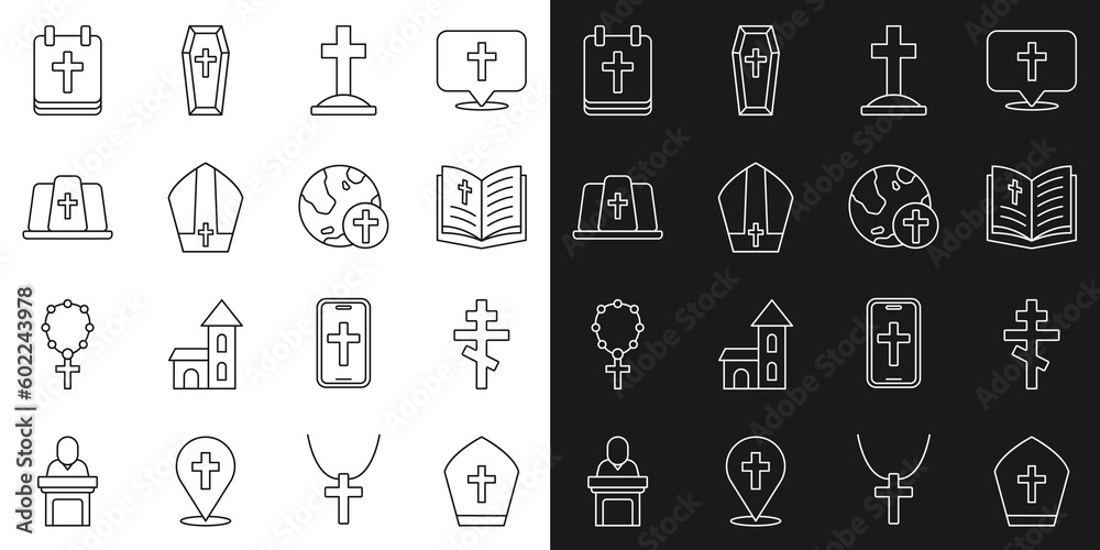 Set line Pope hat, Christian cross, Holy bible book, Grave with, Calendar Easter and globe icon. Vector